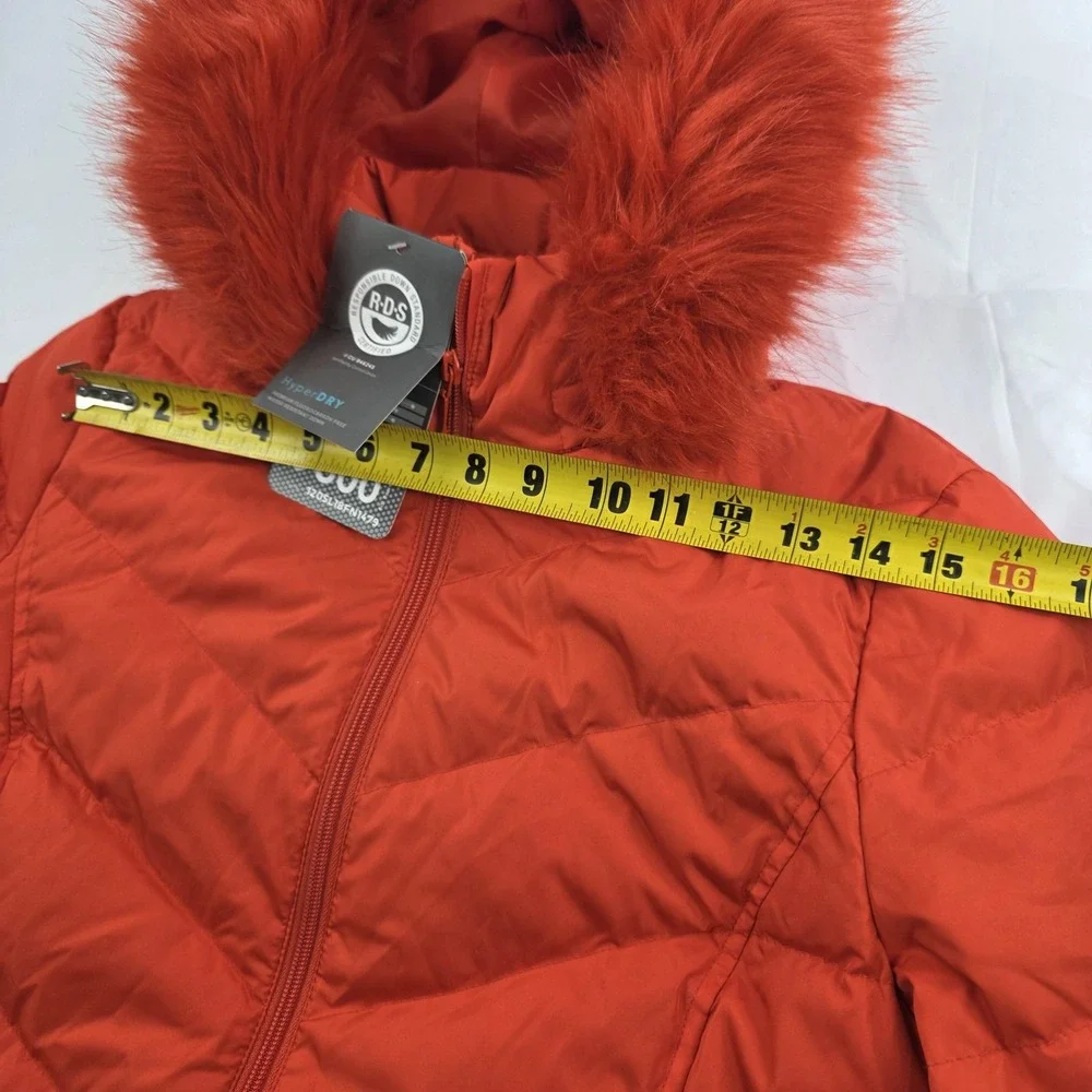 Lands' End Jacket Kids 10-12 Orange Down Puffer Hood Faux Fur Trim 600 Fill